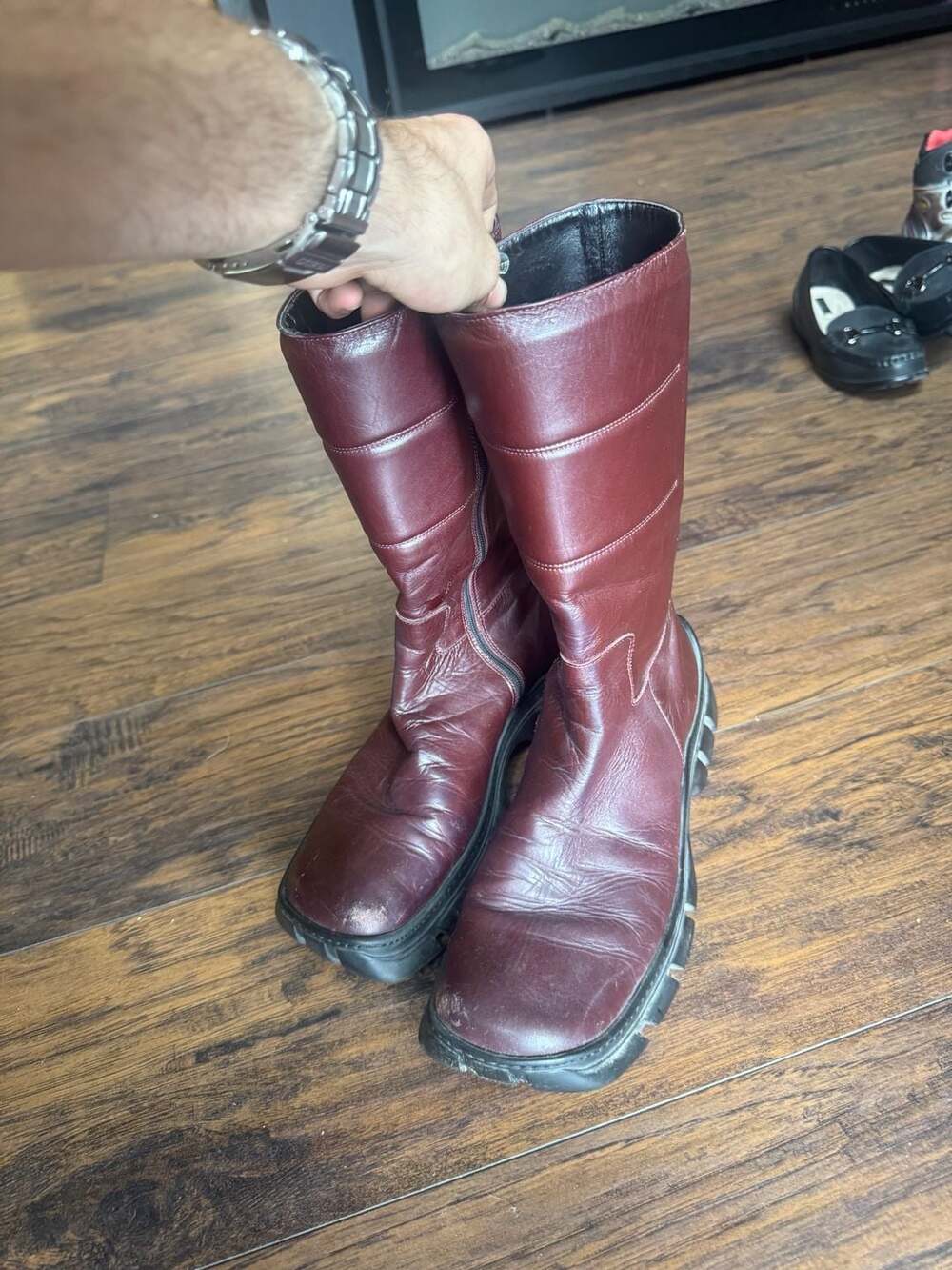 Vintage Burgundy Leather Platform Boots Made in Italy 90s Y2K Mid Calf